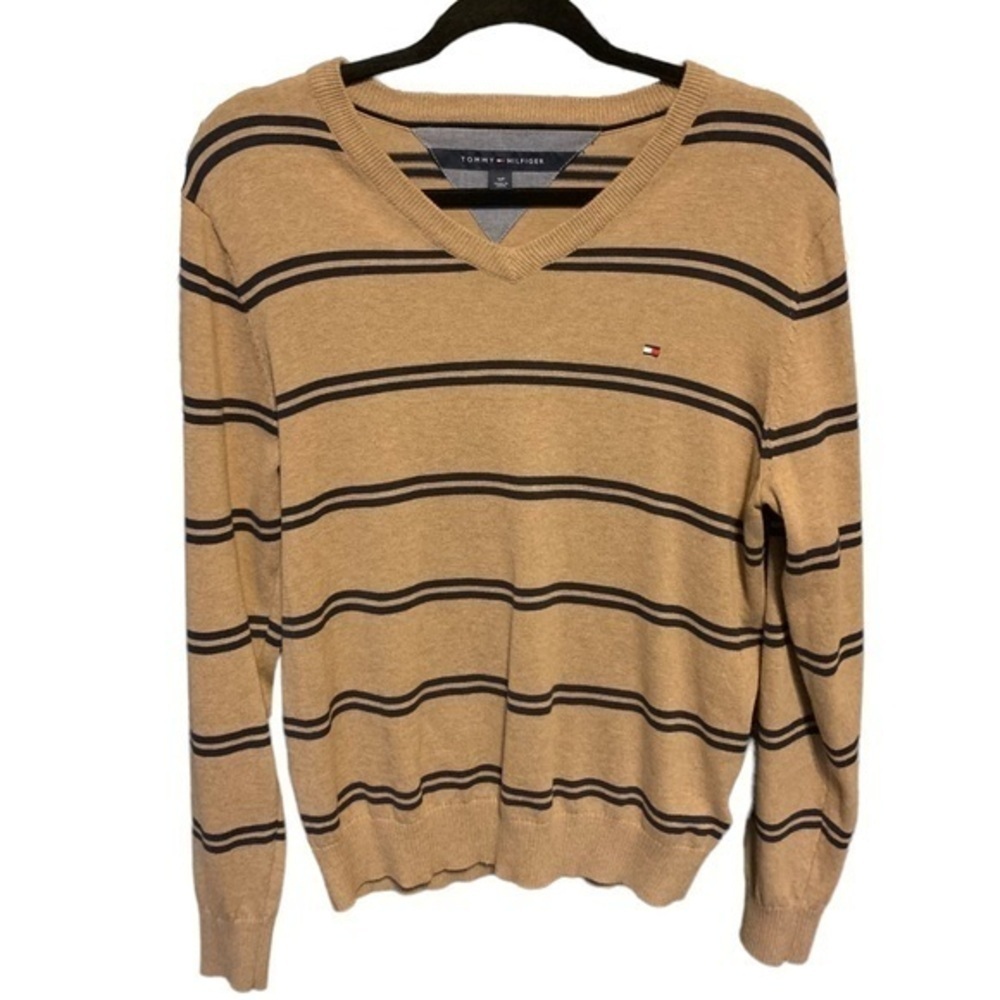 NEW Tommy Hilfiger Striped Cotton Sweater V Neck Camel and Navy Mens Small